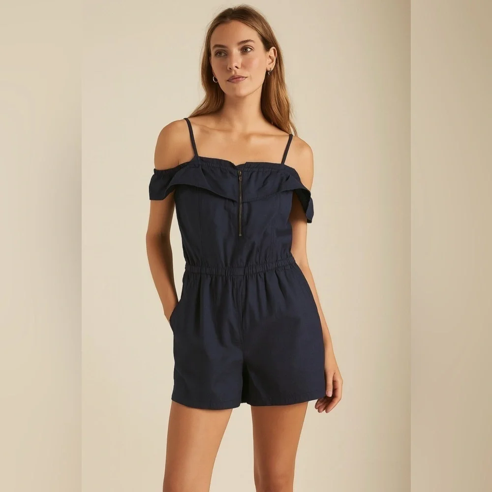 J Crew Navy Blue Ruffled Sleeveless Romper.   Size-Small